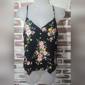 Floral Button-Front Black Cami Tank Top - Pink & Yellow Flowers
